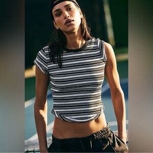 Free People Movement Ribbed Black and White Cap Sleeve Crop Muscle Tee